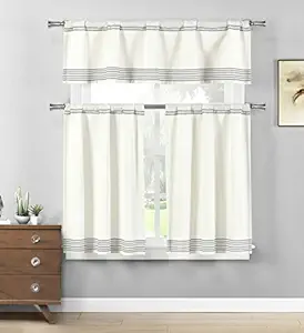 HOME MAISON - Wilmont Striped Kitchen Window Curtain Tier & Valance Set, 2 29 x 36 | 1 58 x 15, Grey