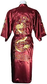 Bon amixyl Men’s Dressing Gown Bathrobe Satin Silk Bath Robe Kimono Gown Dragon Embroidery Yukata Hakma Vintage