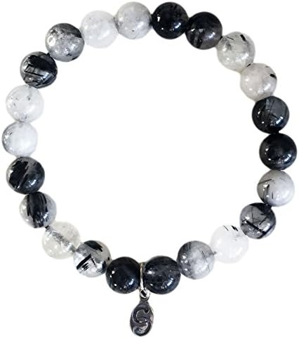 Tourmaline Quartz Stretch-Bracelet, Semi-Precious Stones, APOCCAS, AGNI, Grey, 8 mm diameter, Sterling Silver Tag, Women's / Men's, size L