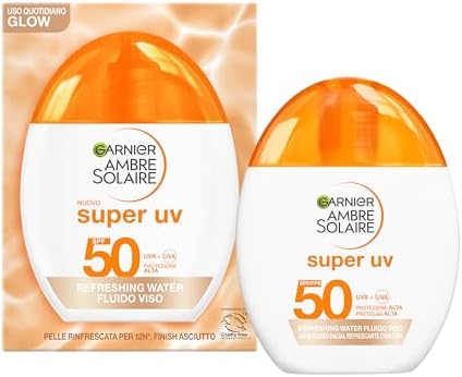 Garnier Fluido Viso Colorato, Per Tutti i Tipi di Pelle, Protezione SPF50 e Luminosità, Texture Fresca e Leggera, Formula Vegana, Super UV Refreshing Water, Ambre Solaire, 40 ml