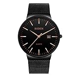 Luzoeo Herren Uhren Edelstahl Mesh Wasserdicht Armbanduhr Sport Analoger Quarz Uhr Datum Kalender Einfache Designer Geschäft Klassisch Kleid Gents Uhren für Männer(Schwarz)
