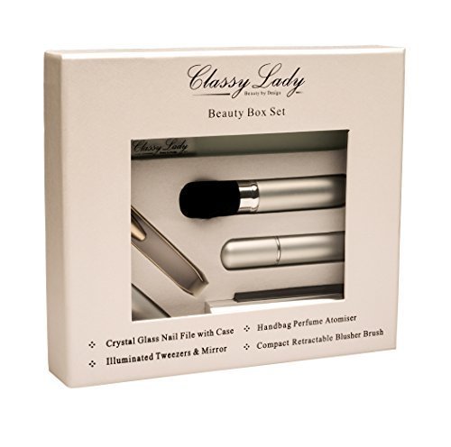 ClassyLady Beauty Gift Set - 4 Piece Box Set - Travel Accessories for Women Care Needs - Professional Crystal Glass Nail File with Case - Personal Care Tools for Travel Bag