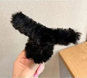 Furry Hair Claw Clips ,Large Fuzzy Hair Claw, Cute Faux Rabbit Fur Plastic Non Slip Large Barrettes for Women and Girls, Fuzzy Stylish Curly Hair Styling Accessories (BLACK)