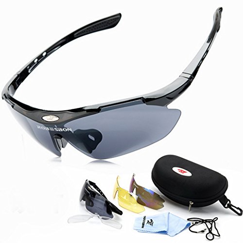 ROBESBON Herren Polarisierte Fahrradbrille 3 Wechselgläser Outdoor Sportbrille UV400 Sonnenbrille Brillenetui Brillenbeutel Radbrille Herrenbrille – Schwarz Rahmen - 2