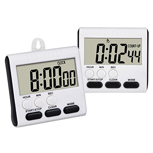 Mudder 2 Stück Magnetische Digital Küche Timer 24 Stunden Zeitschaltuhr Lauten Alarm mit Großen Ziffern und Ständer (Weiß - Schwarz)