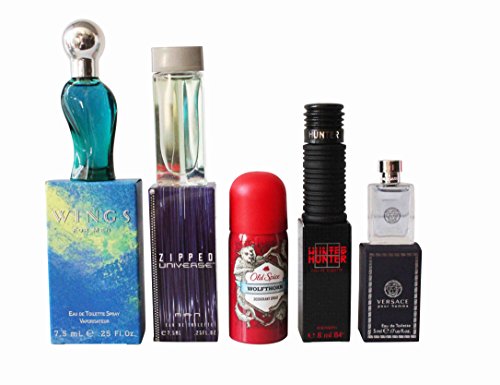 Miniature Perfume Bundle Collection for Men: 4 Miniature Perfumes, 1 Mini Deo, 1 Washbag