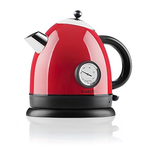 Klarstein • Aquavita • Wasserkocher • Teekocher • Retro Teekessel Design • 1,5 Liter • 2200 Watt • kabellos • Vintage Temperatur-Anzeige • Cool-Touch-Griff • Basisstation mit Kabelaufwicklung • geringe Standfläche • Trockengeh- / Überhitzungsschutz • rot