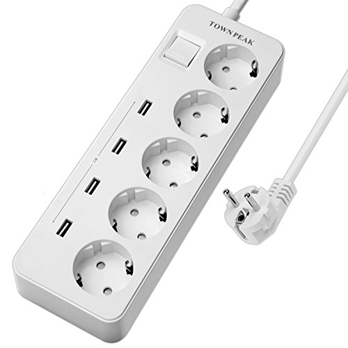 Preisvergleich Produktbild Townpeak Steckdosenleiste Mehrfachsteckdose 5-Fach+4USB Verteilersteckdosen Überspannungsschutz und Blitzschutz 4000W 1.5m Kabel (5-Fach+4USB)