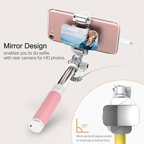 ROCK Mini iPhone 7 Selfie Stick with iPhone Lightning Wire Control & Mirror[5.5in to 24in]for iPhone 7/7 Plus and Other iPhone with Lightning Connector (Pink)