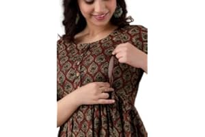 Women's Maternity Cotton Kurti for Feeding Gown with Zipper Maxi Night Dress for Women