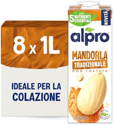 ALPRO CLASSICO, Bevanda alla MANDORLA TRADIZIONALE, Naturalmente Senza Lattosio, con Calcio, Iodio, Vitamine B12, D2, E - 8 Confezioni da 1 Litro