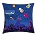 Produktbild Cartoon Throw Pillow Cushion Cover, Underwater World Fish in Aquarium Whale Crabs Jellyfish Bubbles Coral, Decorative Square Accent Pillow Case, 18 X 18 Inches, Blue Multicolor