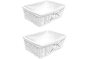 TOPFURNISHING Willow Wicker Wider Big Deep Nursery Organiser Storage Xmas Hamper Basket Lined[White,Set of 2 Small]