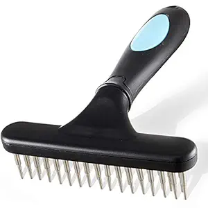 Flymoqi Dog Comb - Stainless Steel Deshedding and Dematting Undercoat Rake - for Dogs, Cats and Rabbits, Double Row of Teeth, Reduces Shedding, Removes Mattes and Tangles, Black/Blue.