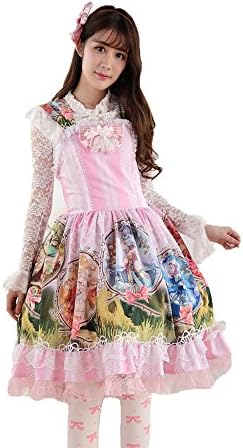 Ainclu Women's Pink Polyester Sweet Cute Strap Constellation Story Printing Princess Lolita Dress