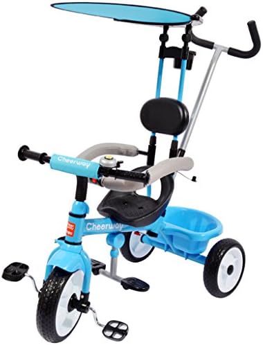 Children's Tricycle Iron Frame Bicycle 1-6 Years Old Foam Wheel Trolley With Adjust Awning Pusher Control Direction Pedal Car (Color : Blue)