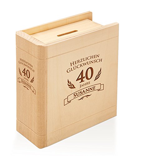 Spardose Buch aus Holz zum 40. Geburtstag mit Gravur – Personalisiert mit Namen – Sparbüchse aus Ahornholz – 13,5 cm x 16,5 cm x 6,5 cm - 4