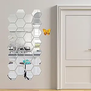 Look Decor 28 Hexagon Silver with 10 Butterfly Golden (B0789RLWLH) 3D Acrylic Mirror Wall Sticker Decoration for Kids Room/Living Room/Bedroom/Office/Home Wall.