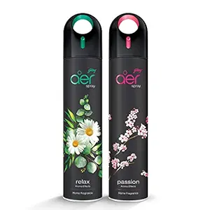 Godrej aer spray, Premium Air Freshener, Pack of 2 - Relax & Passion (240ml each), Long