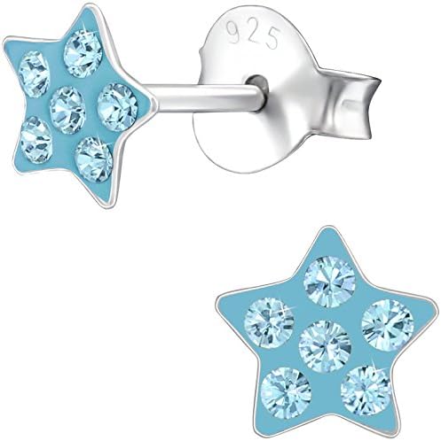 Jayare Stars Childrens Cute Stud Earrings For Girls Children's Earrings 925 Sterling Silver Swarovski Elements Shiny Crystal 5 mm blue