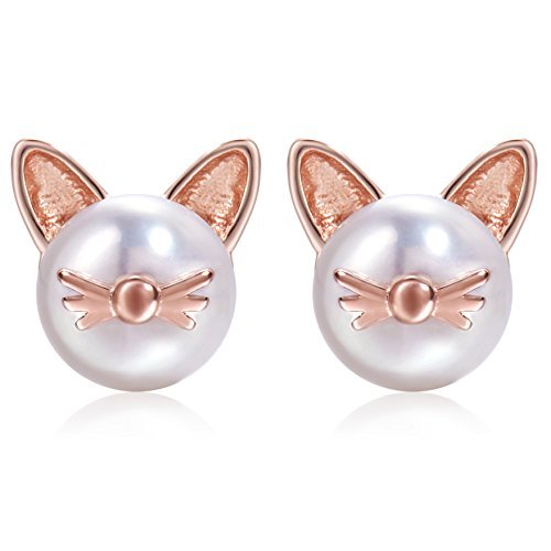 Orecchini in argento sterling con perle d'acqua dolce Orecchini a forma di gatto Regalo per le donne Regalo di Natale, San Valentino, Compleanno (M-CAT-R)