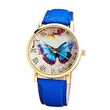 Coolster Damen Schmetterlings-Kasten-Uhr-Leder-Band-Handgelenk-Armband (Blau)