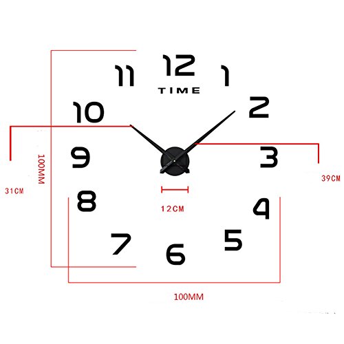 FAS1 Moderne DIY Große Wanduhr Big Armbanduhr Aufkleber 3D Aufkleber Spiegel Effekt Acryl Wanduhr Home Office Abnehmbarer Dekoration (Akku Nicht Enthalten) Schwarz - 3