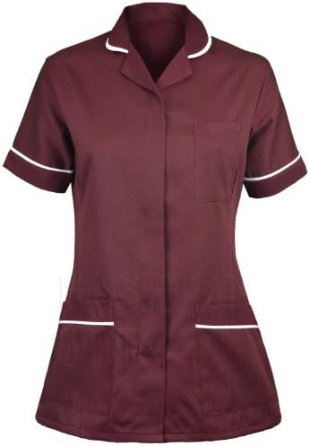 FIRST UNIFORM SOLUIONSNewModel Womens Nurses Healthcare Tunic Round Collar Uniform Maid Housekeeper Beautician Maroon/Burgundy (14)