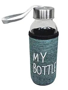 KD ZONE Glass Water Bottle with Pouch glass bottle cover Kids for Girls and Boys Fridge water leak-proof air tight cap, Transparent (400 ml)
