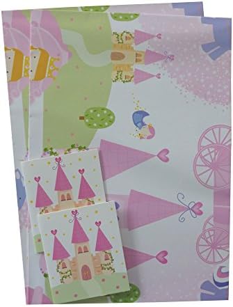 2 Sheets of Girls Gift Wrap & 2 Gift Tags - With Pink Castles, Carriages, Princesses and Fairy Godmothers