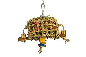 Birds LOVE Small Seagrass Foraging Pouch Toy w Wood Toys on Natural Rope, Forage Hanging Chewing Fun for Conures Cockatoos Cockatiels ? 10? x 8?