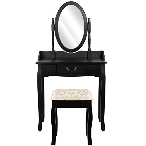 Miadomodo Dressing Table with Stool (1 Drawer) Adjustable Mirror Antique-Modern Design Cosmetics Make Up Bedroom Commode (Black)