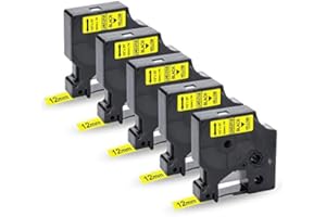 UniPlus Ruban pour Étiqueteuse Compatible pour Dymo 45018 S0720580 Noir sur Jaune pour Dymo LabelManager LM 100 120P 150 160 200 210D 220P 260P 280 350D 360D 400 420P 450 DUO, 12mm x 7m (Pack de 5)