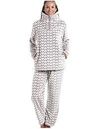 Conjunto de pijama - Forro polar suave - Estampado de corazones blancos - Marrón