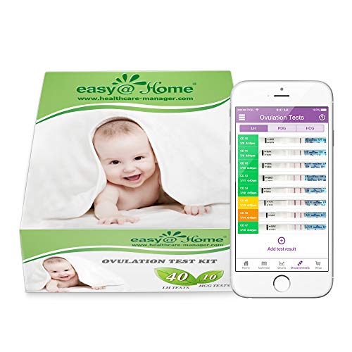 Easy@Home 40 Tiras de Ovulación y 10 Tiras de Embarazo, Kits de Tests de Ovulación y Fertilidad, Impulsado por la App Ovulación Premom (40 Tests de LH + 10 Tests de HCG), Ovulación y fertilidad