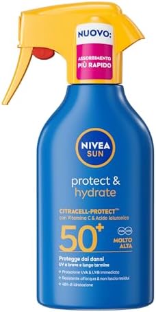 NIVEA SUN Protect & Hydrate Maxi Spray Solare SPF 50+ 270 ml, Crema solare 50 spray idratante 48h ad assorbimento rapido, Protezione solare 50+ resistente all'acqua con Vitamina C e Acido Ialuronico