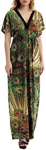 Mochoose Women's Maxi Bohemian Short Sleeve Plus Size Summer Printed V Neck Beach Long Dress(Peacock,16)