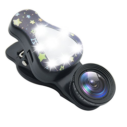 Obiettivi Smartphone con 8 Luci Flash, 0.63X Lenti Grandangolo, 15X Obiettivo Macro, Hovinso Obiettivo Cell Phone per iPhone 7, 6s, 6s Plus, 6, 5s, Samsung, HTC e PiÃ¹ Smartphone(Nero)