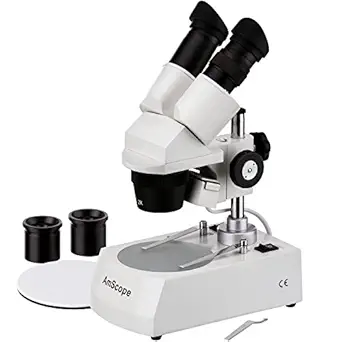 AmScope SE306-PZ Binocular Stereo Microscope, WF10x and WF20x Eyepieces, 20X/40X/80X Magnification, 2X and 4X Objectives, Upper and Lower Halogen Lighting, Reversible Black/White Stage Plate