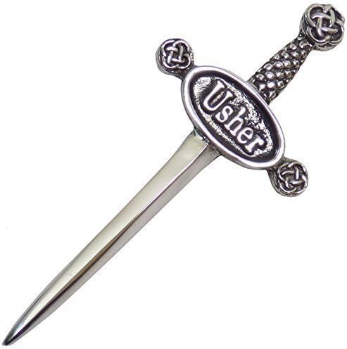USHER FINEST PEWTER WEDDING CELTIC SWORD SHAPE KILT PIN 9.5CM X 4CM X 1CM MADE IN UK