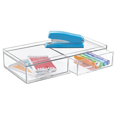 mDesign Schreibtisch-/Schubladen-Organizer für Schere, Stifte, Textmarker, Notizblock, Klebefilm - 2 Schubladen, Breit, Durchsichtig