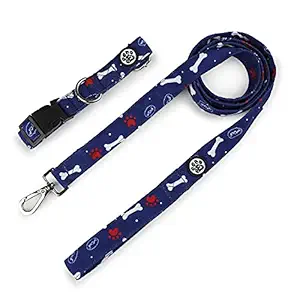 Dear Pet Woof Dog Blue Dog Collar & Leash Set for Small, Medium & Large Dogs (Large)