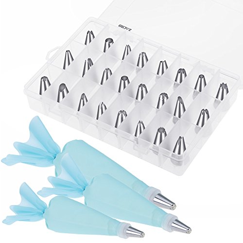 Zacro Spritztüllen Set mit 27 Stücke Garniertülle und Professional Eiscreme DIY Tool Kit Werkzeuge mit 3 wiederverwendbaren Dekorieren Mundwandler aus Edelstahl für Kuchen, Plätzchen backen und 3 Größe wiederverwendbaren Spritzbeutel Set