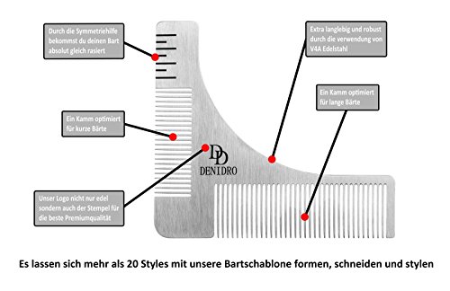 Premium Denidro Edelstahl Bartschablone | in edler Verpackung und hochwertigem Samtbeutel | mit Symmetrie Hilfe für perfekte Konturen | Mit Anleitung | Geschenkidee - 2