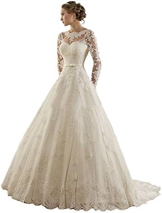 Women's Jewel Lace Applique Long Sleeves Sash Chapel Train A Line Wedding Dress