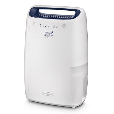 Delonghi DEX12 Dehumidifier 219 watts 2.3 Litre tank capacity Recommended Room Size: 55 m³ Noise Level: 37 dBA Moisture removal in normal mode: 12 L/24 hours - White