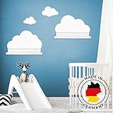 Lieferumfang: 2x große Wolke für Mosslanda Wandregal Kinderregal (Regale sind nicht im Lieferumfang enthalten), 2x kleine Wolke als Wanddeko, 1x bebilderte Klebeanleitung und 1x Rakel zum Feststreichen auf der Wand.