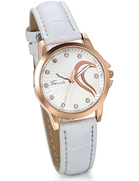 JewelryWe Damen Armbanduhr, Elegant Charm Semi Herz Analog Quarz Uhr mit Leder Armband & Rose Gold Uhrgehäuse,...