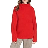 Xmiral Pullover Damen Winter Warm Rollkragenpullover Gestrickt Nadelstreifen Pure Color Top Bluse (S,Rot)