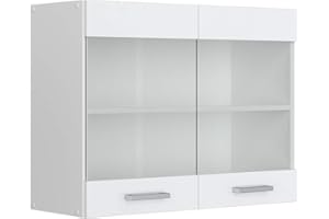 Vicco Armario de Cocina con Vidrio R-Line, Blanco Alto Brillo/Blanco, 80 cm